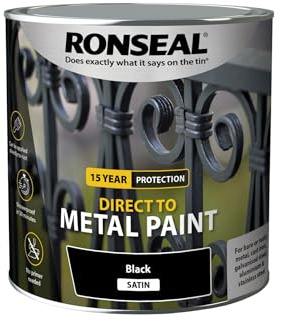 Ronseal Direct to Metal Paint Black Satin 2.5L | Water-based coating for ferrous surfaces with primer-free application, 30-minute shower resistance and 8m²/L coverage.