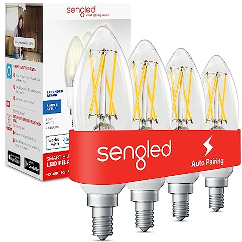 Sengled Alexa Light Bulb, E12 Smart Bulbs, Edison Bulbs Bluetooth Mesh, 40 Watt Candelabra Light Bulbs 2700K B11, Smart Bulbs That Work with Alexa, Dimmable & Group Control, No Hub Request, 4 Pack