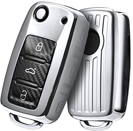 OATSBASF Autoschlüssel Hülle VW, VW Golf Schlüsselbox, Schlüsselhülle Cover für vw Polo Passat Skoda Seat 3-Tasten (T-Silver)