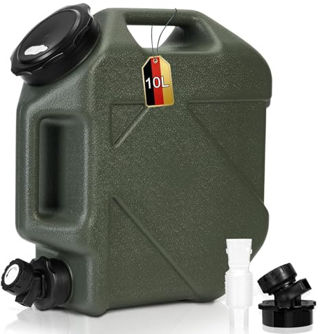 RUYI Wasserkanister mit Hahn und Schraubdeckel, Camping Wasserkanister BPA-frei Trinkwasserkanister, Tragbarer Wassertank mit Griff für Wohnwagen Picknick Wandern (10L, Armeegrün)