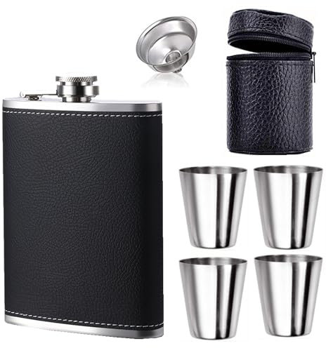 GUFRRST Taschenbuchse für Schnappschüsse, 25 ml Edelstahl auslaufsicher Whiskey Plunter mit Trichter und 4 Schüssel, für Männer und Frauen, Taschenlampen Geschenkbox