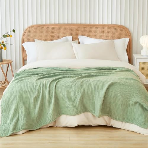 EMME Musselin-Decke 230x230 Baumwolle Oeko-TEX Erwachsene Tagesdecke,Grün | Sommer-Überwurf Decken Für Bett Atmungsaktive Gaze-Decke Ganzjährig Weich & Leicht Vorgewaschene Baumwolldecke Bettdecke