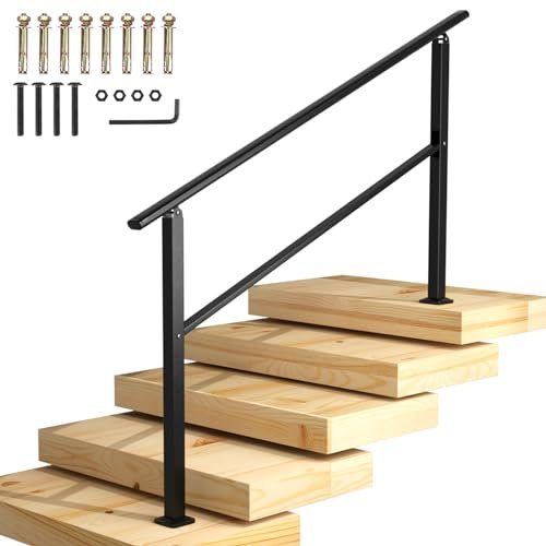 Homtone 145x90cm Treppengeländer, Mattschwarzes Eisen Handläufe für Treppen im Freien Fit 4 bis 5 Schritte Übergangsgänder mit Installationssatz Handlauf Edelstahlschrauben, für Garten Garage, Veranda