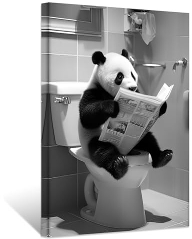 ZXHYWYM Lustige Badezimmerbilder süßer Panda der Zeitung auf der Toilette liest Poster schwarz weiße Tier Leinwanddrucke für rustikale Toilette gerahmt(Bild-2, (40.00 x 60.00 cms))