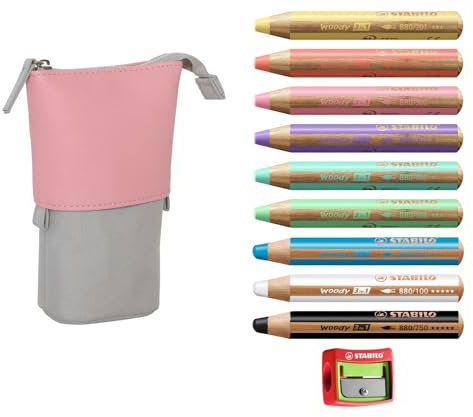 Stifte-Set STABILO - woody 3 in 1 im Pop-Up Mäppchen - für unterwegs - praktisches Set mit 9 Buntstiften + Spitzer