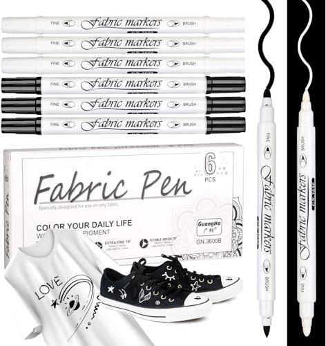 Weiß Textilstifte Waschmaschinenfest, 6 Stück Weiß und Schwarz Textilmalstifte Stoffmalfarben Waschfest 1-5mm Stoff stifte Dual Tip Textilmarker, textilfarbe waschmaschinenfest für T-shirt Hut Schuhe