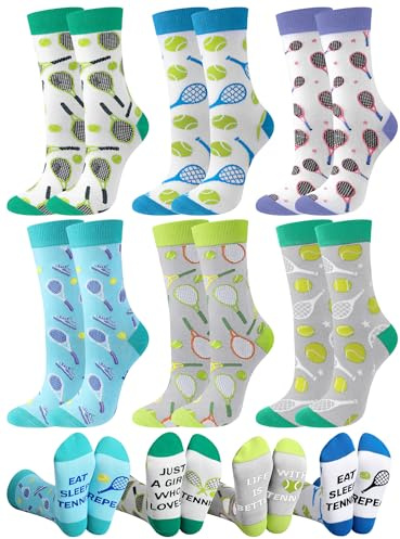 Floraltop 6 Pairs Funny Tennis Socks for Women Novelty Casual Crew Socks Tennis Lovers Accessories Birthday Holiday Gifts(Stylish)