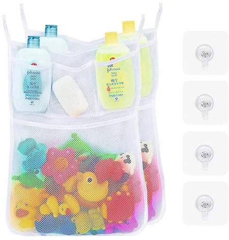 LEMONSTONE 2 Stück Badespielzeug Aufbewahrung, Badewannenspielzeug Aufbewahrung, Badewanne Spielzeugnetz mit 4 Selbstklebend Haken, Badewannennetz für Spielzeug, Badenetz für Spielzeug