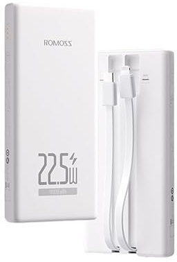 ROMOSS Power Bank sottile da 10000 mAh con cavi integrati, caricabatterie portatile da 22,5 W con USB C e cavi di illuminazione, 4 uscite e 2 ingressi batteria per iPhone 17/16/15/14, iPad, Galaxy e