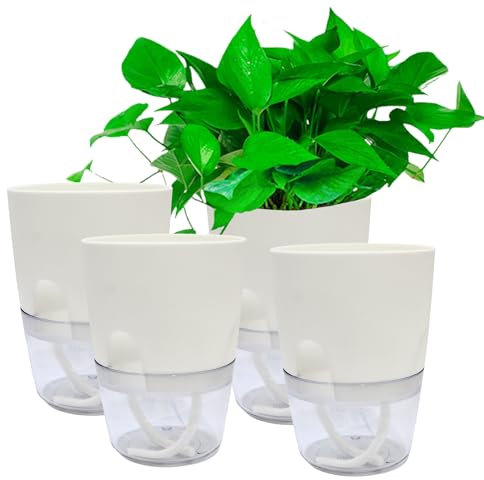 BeGrit Kräutertopf Selbstbewässernd 4er Set Kräutergarten Küche Fensterbank Blumentopf Plastik 15,3 X 11 X 18,2cm Weiß mit Selbstbewässerung und Wasserspeicher für Zimmerpflanzen Blumen und Kräuter
