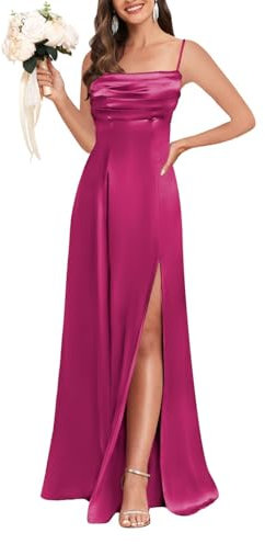 YIANN Robe de bal longue en satin à bretelles spaghetti et col bénitier avec fente pour femme, robe de bal trapèze, robe de demoiselle d'honneur, fuchsia, 40
