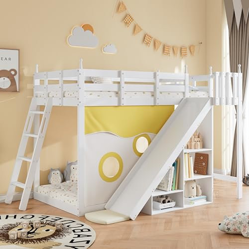 AYOROF Etagenbett 90x200cm, Holzbett mit Treppe und Zäune, mit Bettvorhang, Rutsche und Regal, Kinderbett mit Fallschutz und Gitter, Rahmen aus Kiefer, weiß