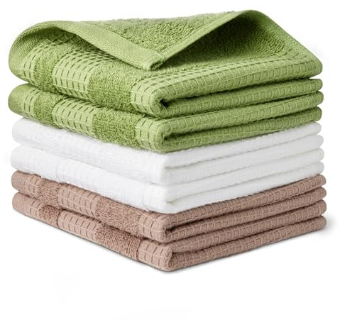 Amazon Basics Torchons de Cuisine Gaufrés en Coton Biologique, Ultra Absorbants, Séchage Rapide, Non Pelucheux, 30,5cm x 30,5cm, Lot de 6 (2 Marron, 2 Olive, 2 Bleu Marine)