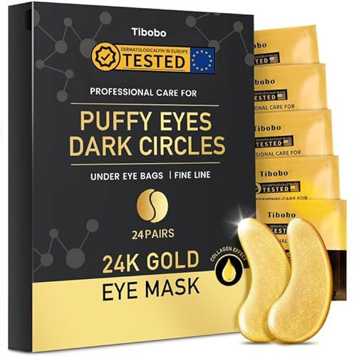 Tibobo Cuscinetti per gli occhi in oro 24 K, 24 paia di toppe in gel per gli occhi, con acido ialuronico e collagene, anti-invecchiamento sotto gli occhi, contro le borse per gli occhi, rughe e rughe