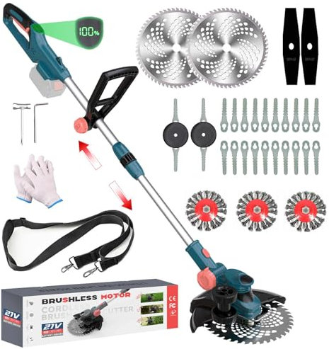 Qiyasjew Akku Rasentrimmer für Makita Akku | 3-in-1 Rasenkantenschneider, Freischneider & Motorsense | Bürstenloser Motor Rasentrimmer mit unkrautbürste (ohne Akku und Ladegerät) (Blau)