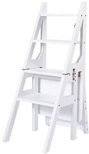 Klappbarer Holzleiter mit 4 Ebenen, tragbar und platzsparend, Regal für Zuhause, Bibliothek, Küche, weiß, großes Fassungsvermögen.