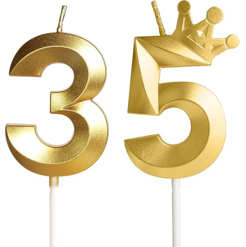 Vela de cumpleaños 35 con números, 35 con corona, 5 cm dorada, velas de cumpleaños, decoración para tartas, decoración de tartas, para niños, adultos, 35 cumpleaños, aniversario, número 35