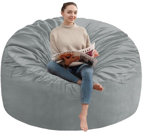 SIMFLAG 5FT Bean Bag Chair, Large Bean Bag Chairs with Memory Foam Filled, Fluffy Beanbag Sofa with Dutch Velvet Cover, Round BeanBag Chairs for Living Room, Playroom - Light Grey