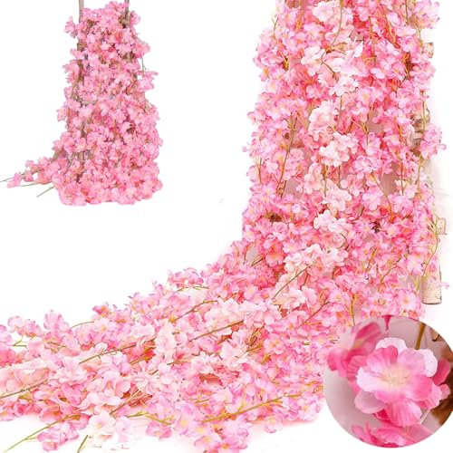 3 Pack Pink Cherry Blossom Flower Garland - Artificial Cherry Blossom Garland for Wedding, Party, Home Decor - Realistic Spring Floral Vine for Indoor & Outdoor Decoration- 74in Each