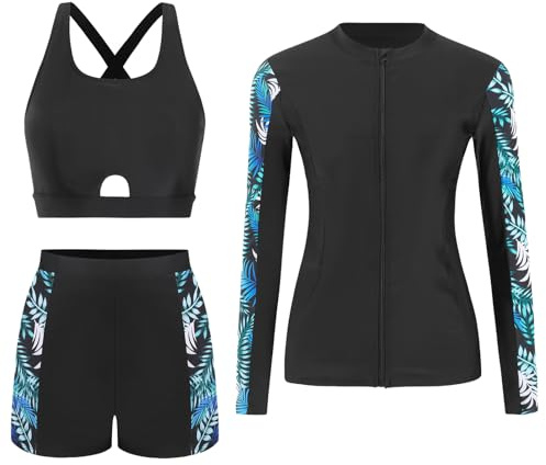 SEAUR 3-delad Rash Guard dam långärmad baddräkt solskydd badmode rashguard skjortor bikiniöverdel badshorts – S–XXL, svart, XL