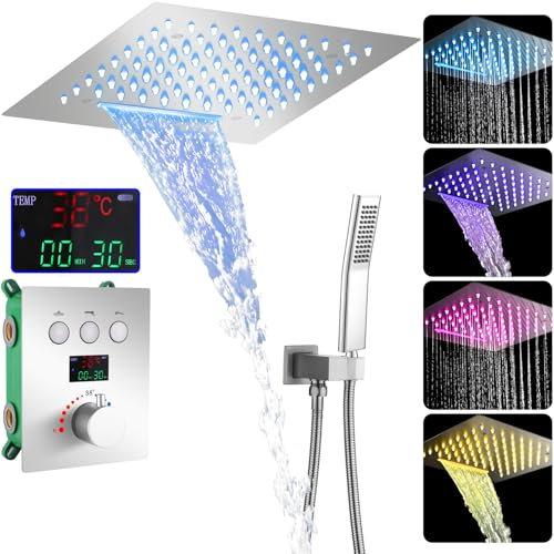 WRKMH Conjunto Ducha Empotrado, LED de 64 Colores Columna Ducha Termostatica Grifo Ducha Empotrado Cromo Pantalla Digital Columna de Ducha con 2 Funcional Cabezal de Ducha
