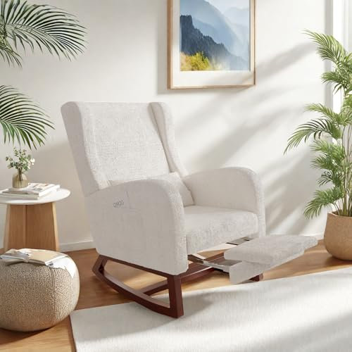 Aneutr Schaukelstuhl mit Fußstütze, Schaukelstuhl, Stillstuhl, Lendenkissen und 2 Seitentaschen, Füße aus Massivholz für Schlafzimmer, Wohnzimmer (Samt Teddy beige)