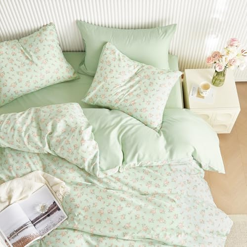 Wake In Cloud - Floral Comforter Set with Sheets, Coquette Cottagecore Aesthetic Flower Shabby Chic Pattern for Women Teen Girls, 5 Pieces Bed in a Bag, Green Pink, Twin Size