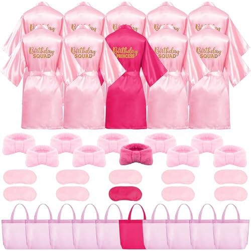TESIN Set di 10 accappatoi di compleanno per ragazze – Kimono in raso con Birthday Princess & Birthday Squad + 10 fascette per capelli + 10 mascherine per gli occhi + 10 sacchetti regalo – Taglia