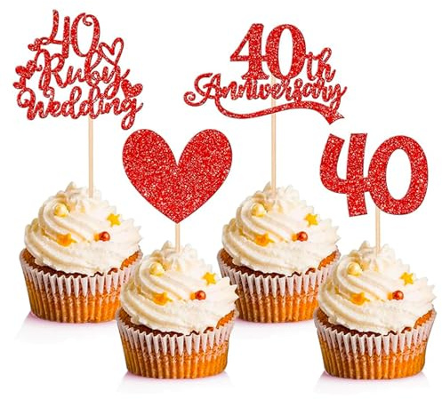 12Pcs Ruby Wedding Anniversary Decorations, 40th Anniversary Cake Topper | 40th Wedding Anniversary Cake Topper, 40th Cupcake Toppers, Red Glitter Heart Cupcake Topper