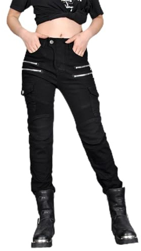 Motorcycle Pants for Women with Armored, Motorcycle Riding Protective Pants, Motorcycle Jeans for Womens (Black-Decorative Zip,Large)
