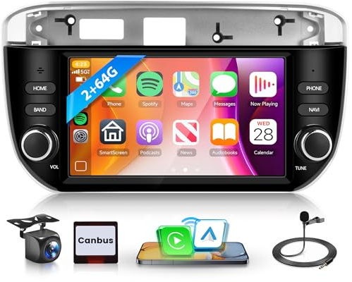 4 Core 64G Android Autoradio per FIAT Linea Punto Evo Linie 2012-2015 Wireless Carplay Android Auto 7 Pollici Autoradio con GPS Navi WiFi Mirror Link Bluetooth FM/RDS/EQ/USB/SWC Telecamera Posteriore
