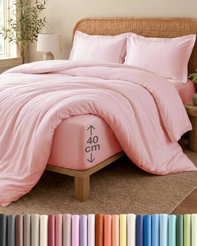 Duvet Cover Set Double - 4 Piece Fitted Sheet 40cm (16) - Light Pink | Brushed, Soft, Wrinkle Resistant, Fade Resistant, Zip Closure, Corner Ties, Breathable, Easy Care, Bedding Set, OEKO-TEX