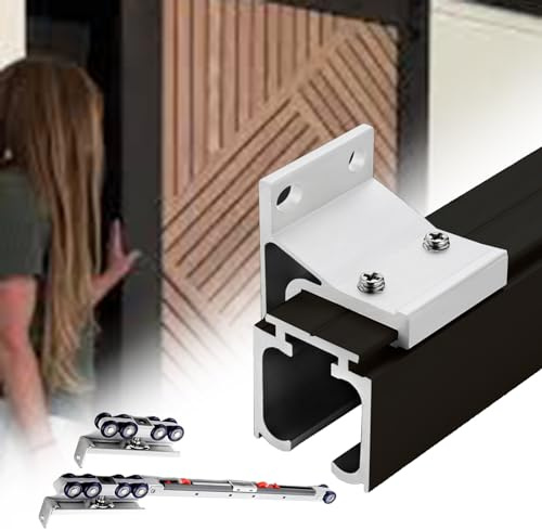 EXCLURA Schiebetür Schiene Soft-Close-Wandmontage-Schiebetürbeschlag-Set, Robuste Aluminium-Schiebetürschiene mit Rollen, Taschenschiebetürschiene für Innentüren aus Holz(Black,80inch/203.2cm)