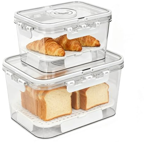 2 Pcs Bread Bin Airtight Bread Box for Kitchen Counter, Time Recording Bread Storage Container with Lid, Bread Container with Handle and Ice Pack for Homemade Bread Toast Bagel Donut and Cookies
