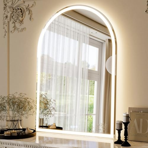Koonmi LED Badspiegel 100 x 75 cm, dimmbar, Antibeschlag | Gewölbter Lichtspiegel mit 3 Lichtfarben, Memory Funktion und gehärtetem Glas für Bad und Schminkbereich