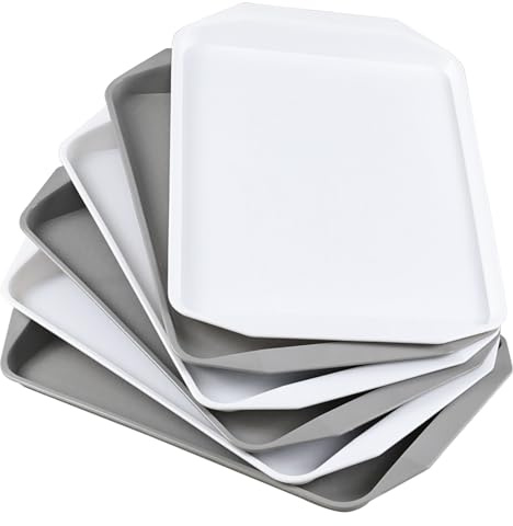Qshape 6-Pack Plastic Large Food Serving Tray, White, Grey | Non Slip Cafeteria Trays