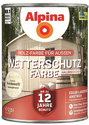 Alpina Holz-Wetterschutz-Farben – Kreideweiß, halbdeckend – bis zu 12 Jahre Schutz vor Witterung und Nässe – schmutzabweisend, halbdeckend & ergiebig – 2,5 L