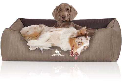 Knuffelwuff Orthopädisches Hundebett Outlander aus Laser-gestepptem Kunstleder XXL 120 x 85cm Natur/Braun - Abnehmbarer Bezug - leicht zu reinigen - für große, mittelgroße und kleine Hunde