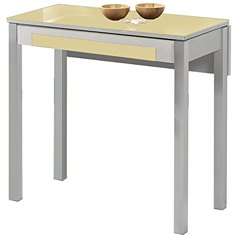Mesa de Cocina Extensible 1 ala caída - 80x40 cm (80x60 cm) - Estructura y ala caída Color Aluminio - Tapa Cristal Color Beige