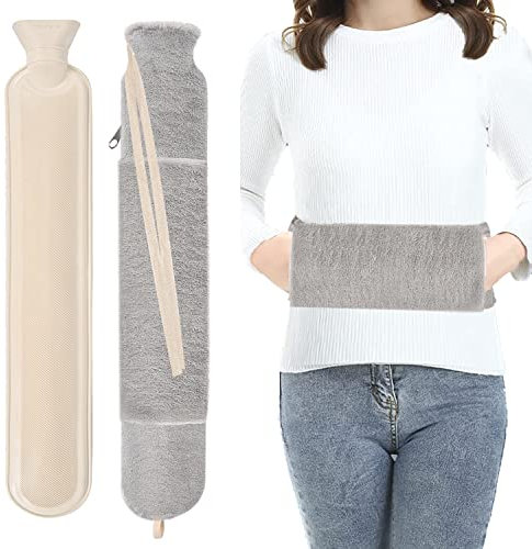 Wärmflasche - Lang Wärmeflasche mit Bezug Flauschig, 2L Groß Wärmeflasche Schlauch, Hot Water Bottle mit Handwärmer, XXL Wärmflaschen Zum Umbinden, Gummi Längliche Plüsch Bettflasche für Frauen Männer