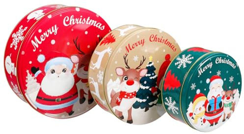 Hemoton Christmas Cake Storage Tins Set of 3, Metal Nesting Canisters for Cakes, Biscuits & Savouries, Empty Vintage Kitchen Storage Containers, Round with Lids, 25cm, 21cm, 17cm