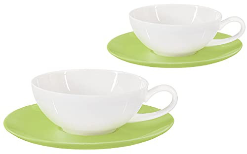 Buchensee Teetassen Set Lena aus Crystal Bone China Porzellan. 2 Tassen je 200ml mit Untersetzer in stilvoll-modernem Grün-Weiß-Design
