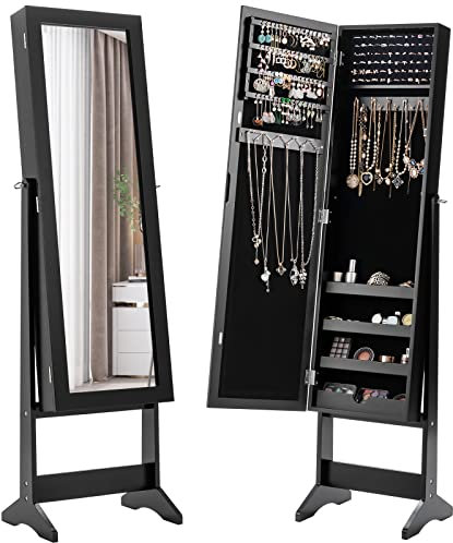 GOPLUS Armoire à Bijoux sur Pied avec Miroir Inclinable en 3 Positions, Grand Rangment avec 4 Étagères, Organisateur de Bijoux Réglable pour Chambre à Coucher, Salon, Noir