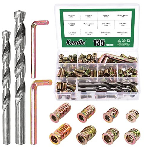 Keadic 135Pcs 1/4-20 5/16-18 Nut Inserts Kit with 9/11mm Twist Drill Bits & M6/8 Internal Hex Tool, Furniture Screw in Nut Threaded Wood Insert Bolt Fastener Connector Hex Socket Drive for Furniture