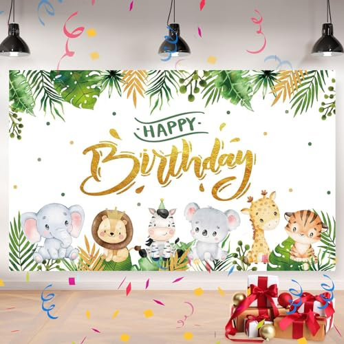 OSDUE Toile de Fond sur Le Thème des Animaux de La Jungle, Joyeux Anniversaire Toile de Fond, Enfants Bébé Douche Photo Fête Fond Bannière, Décoration de Fête d'anniversaire, 1,8 x 1,1 m, Animaux