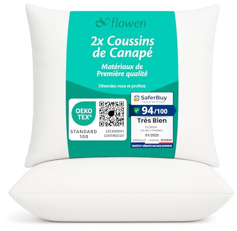 Flowen Cojines Sofa 50x50 Almohadones 2 Unidades Decorativos Relleno Cojin Hipoalergénico Antiácaros y Suave Cuadrado con Funda Exterior Almohada Respirable en Microfibra Blanca Extraíble y Lavable