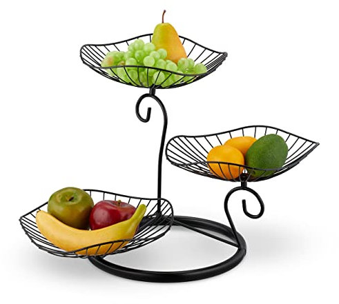 Relaxdays Alzata per Frutta a 3 Piani, Design Aperto in Ferro, HLP: 34x49x31,5 cm, Etagere per Dolci con Tre Cesti, Nero