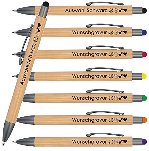 Juwelier Schönschmied 25 Stück Holzkugelschreiber mit Touchfunktion inkl. Gravur | Wunschgravur mit Emojis | Kugelschreiber mit Gravur | Werbekugelschreiber personalisisert (Schwarz)