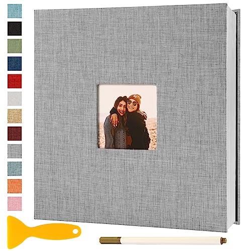 Album Fotografico Autoadesivo 28x27 CM in Lino Album Portafoto Personalizzabile Scrapbook Photo Album Fotolibro Ricordi Nascita Matrimonio Travel Journal Guest Book, 40 Pagine Grigio