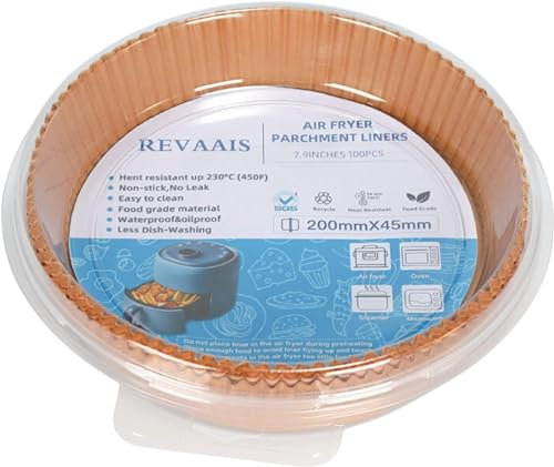 REVAAIS Non Bleached Parchment Paper Liners for Air Fryer & Baking - 7.9 Inch Rounds Pack of 100